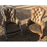 A MATCH PAIR OF VICTORIAN LEATHER BUTTONBACK ARMCHAIRS raised on cabriole legs.