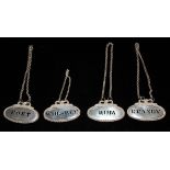 LEVI & SALAMAN, A SET OF FOUR EDWARDIAN SILVER DECANTER LABELS To include Rum, Brandy, Port and
