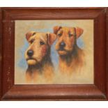 OIL PAINTING Portrait of two Irish terriers, contained in an oak ogee frame and glazed, (39cm x