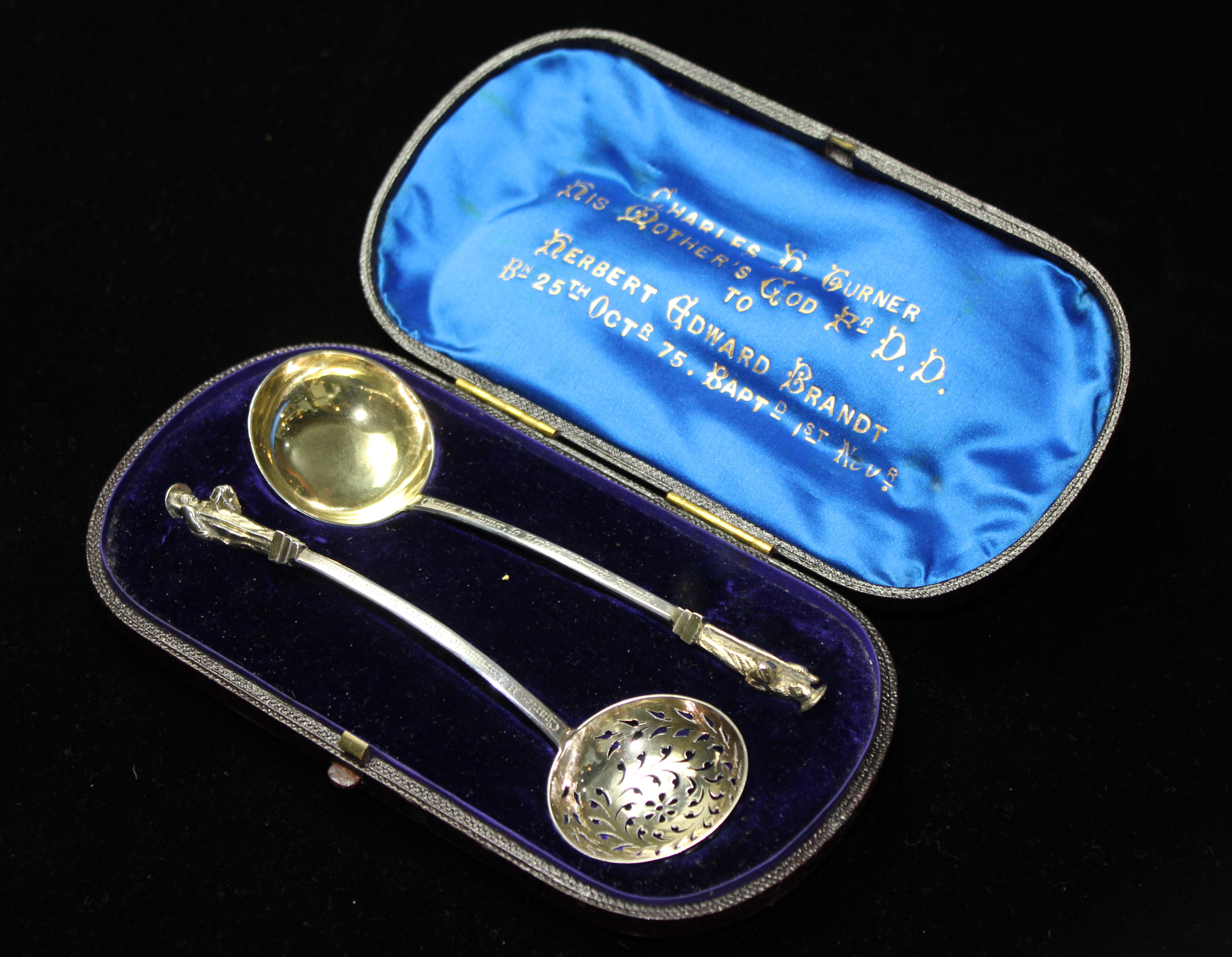 FRANCIS STONE, A PAIR OF VICTORIAN EXETER SILVER APOSTLE LADLES Having figural finials and one