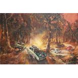 AN EARLY 20TH CENTURY OIL ON CANVAS Rally racing cars, framed. (62cm x 92cm) (frame 75.5cm)