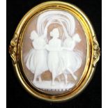 A 19TH CENTURY YELLOW METAL AND SHELL CAMEO SWIVEL BROOCH Hand carved with a scene representing