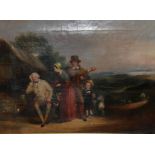 MANNER OF GEORGE MORELAND, A 19TH CENTURY OIL ON CANVAS Landscape, figures and a dog, in a carved