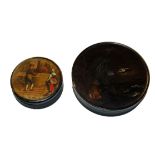 TWO 19TH CENTURY PAPIER MACHÉ SNUFF BOXES One hand painted with a landscape and inscribed to