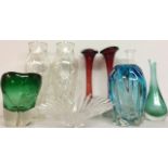 A COLLECTION OF 20TH CENTURY COLOURED GLASS AND CRYSTAL VASES Including a pair of red Murano