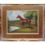 OIL ON CANVAS Equestrian study of a meadow, in a swept gilt frame and glazed. (36cm x 26cm) (frame