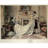 WALTER DENDY SADLER, 1954 - 1923, A HAND COLOURED PRINT Interior scene, two ladies sewing a