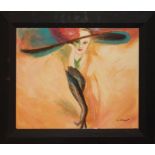AN ART DECO STYLE OIL ON CANVAS Elegant lady in a soft brim hat, signed lower right, studio framed