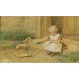 MYLES BIRKET FOSTER, 1825 - 1899, WATERCOLOUR Little girl seated on a step feeding a toy horse,
