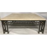 A LARGE CONTEMPORARY STONE, STEEL AND BRASS EMPIRE DESIGN COFFEE TABLE. (h 44.5cm x d 121cm x w