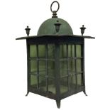 AN ARTS & CRAFTS VERDIGRIS COPPER DOME TOP LANTERN Set with urn form finials,