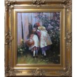 A 20TH CENTURY OIL ON CANVAS Children at play wearing Edwardian style dress and peering through a