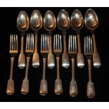 A SET OF SIX VICTORIAN SILVER DESSERT SPOONS AND FORKS Fiddle and thread pattern, engraved with a