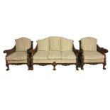 A GOOD EARLY 20TH CENTURY GEORGE I STYLE WALNUT FRAMED BERGÈRE THREE PIECE The double caned arms