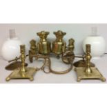 A COLLECTION OF ANTIQUE BRASS LIGHTING To include a pair of wall mounted oil lamps complete with