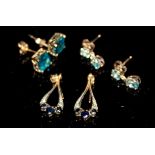 TWO PAIRS OF VINTAGE 9CT GOLD AND AQUAMARINE STUD EARRINGS To include one pair holding a single