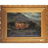 A 19TH CENTURY OIL ON CANVAS Highland landscape, cattle in a mountainous setting, held in a carved