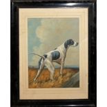 AN OIL ON CANVAS Still life, study of a pointer dog standing on a moorland hill, held in an ebonized