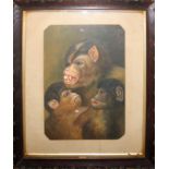 AN OIL PORTRAIT OF A FAMILY OF MONKEYS Head and shoulders view, held in a decorative oak frame. (