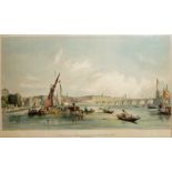 A VICTORIAN COLOURED ENGRAVING Marine scene, 'Waterloo Bridge from the West with a Boat Race',