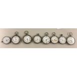 EIGHT 19TH/EARLY 20TH CENTURY GENTLEMEN'S SILVER OPEN FACED POCKET WATCHES. (l 5cm)