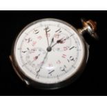 LONGINES, A RARE EARLY 20TH CENTURY WHITE METAL DUAL DIAL DECIMAL CHRONOGRAPH GENT'S POCKET WATCH