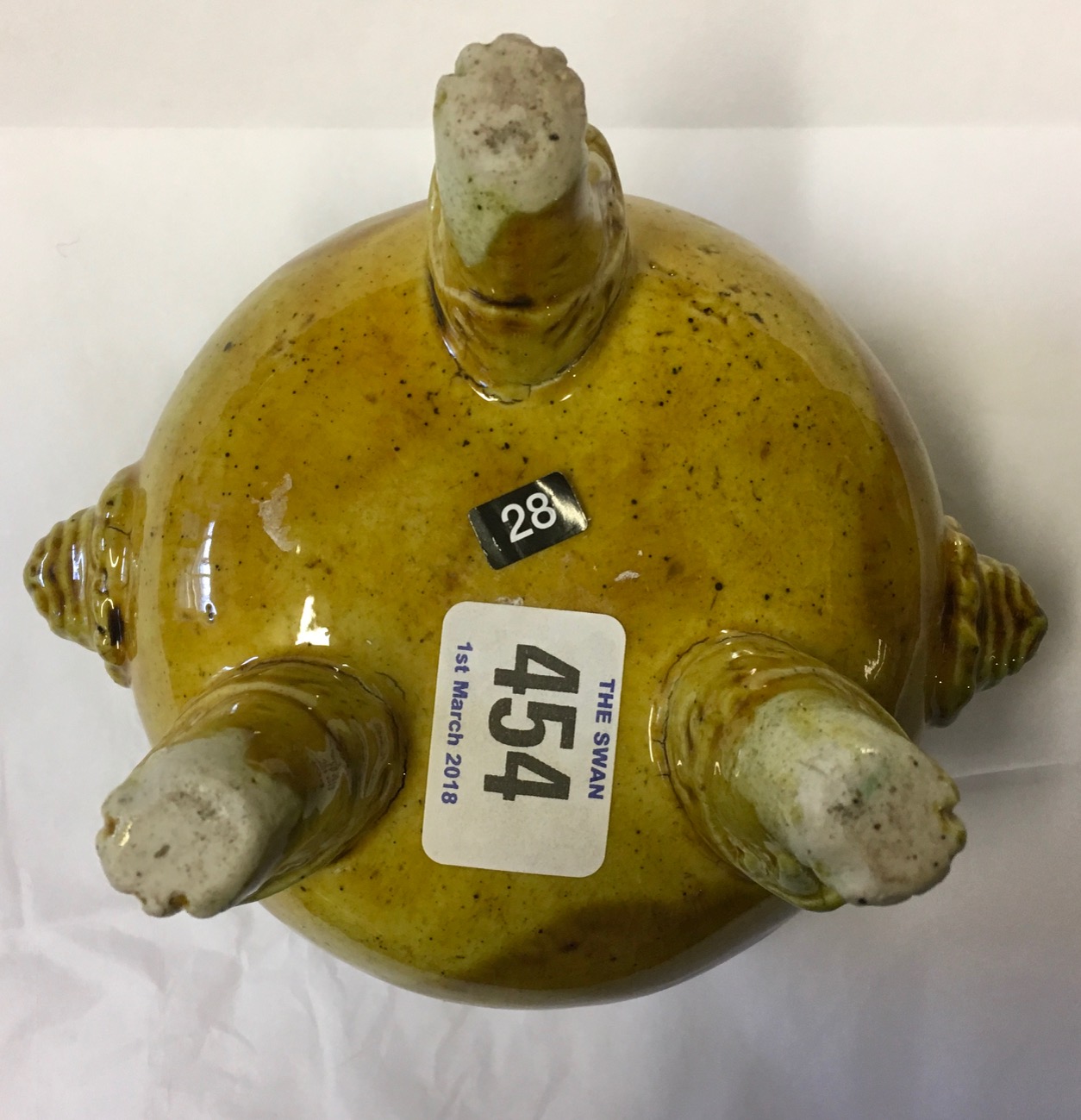 A 19TH CENTURY YELLOW GLAZED TRIPOD CENSER Having an ochre toned glaze, standing on a carved beast - Image 12 of 12