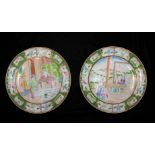 CANTON, A PAIR OF JIAQING FAMILLE ROSE SIDE PLATES Finely painted with scenes of palace interiors