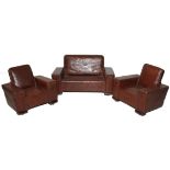 AN EARLY 20TH CENTURY ART DECO STYLE MINIATURE LEATHER THREE PIECE SUITE With elongated arms and