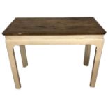 A CHINESE DESIGN ELM TOP SIDE TABLE On a painted base. (111cm x 56cm x 83cm)
