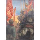 SIR FRANK BRANGWYN, 1867 - 1956, OIL ON CANVAS Medieval knights, signed and unframed. (50cm x 69cm)