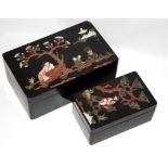 TWO 19TH CENTURY CHINESE BLACK LACQUERED BOXES Inlaid with scenes with Chinese figures. (18cm x 11cm