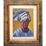 A 20TH CENTURY OIL ON CANVAS PORTRAIT OF AN AFRICAN MAIDEN Wearing a traditional style patterned