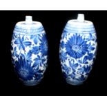 A PAIR OF KANGXI PERIOD BLUE AND WHITE GIN BOTTLES/HAND WARMERS For the Dutch market, decorated with