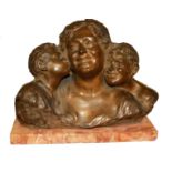 AN EARLY 20TH CENTURY BRONZE AND MARBLE BUST OF A MOTHER AND TWO CHILDREN Head and shoulders