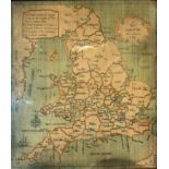 AN 18TH CENTURY WOOLWORK TAPESTRY/SAMPLER MAP OF ENGLAND AND WALES Having a fine cartouche upper