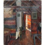 AN EARLY 20TH CENTURY CONTINENTAL OIL ON CANVAS Interior scene, country cottage with chairs and