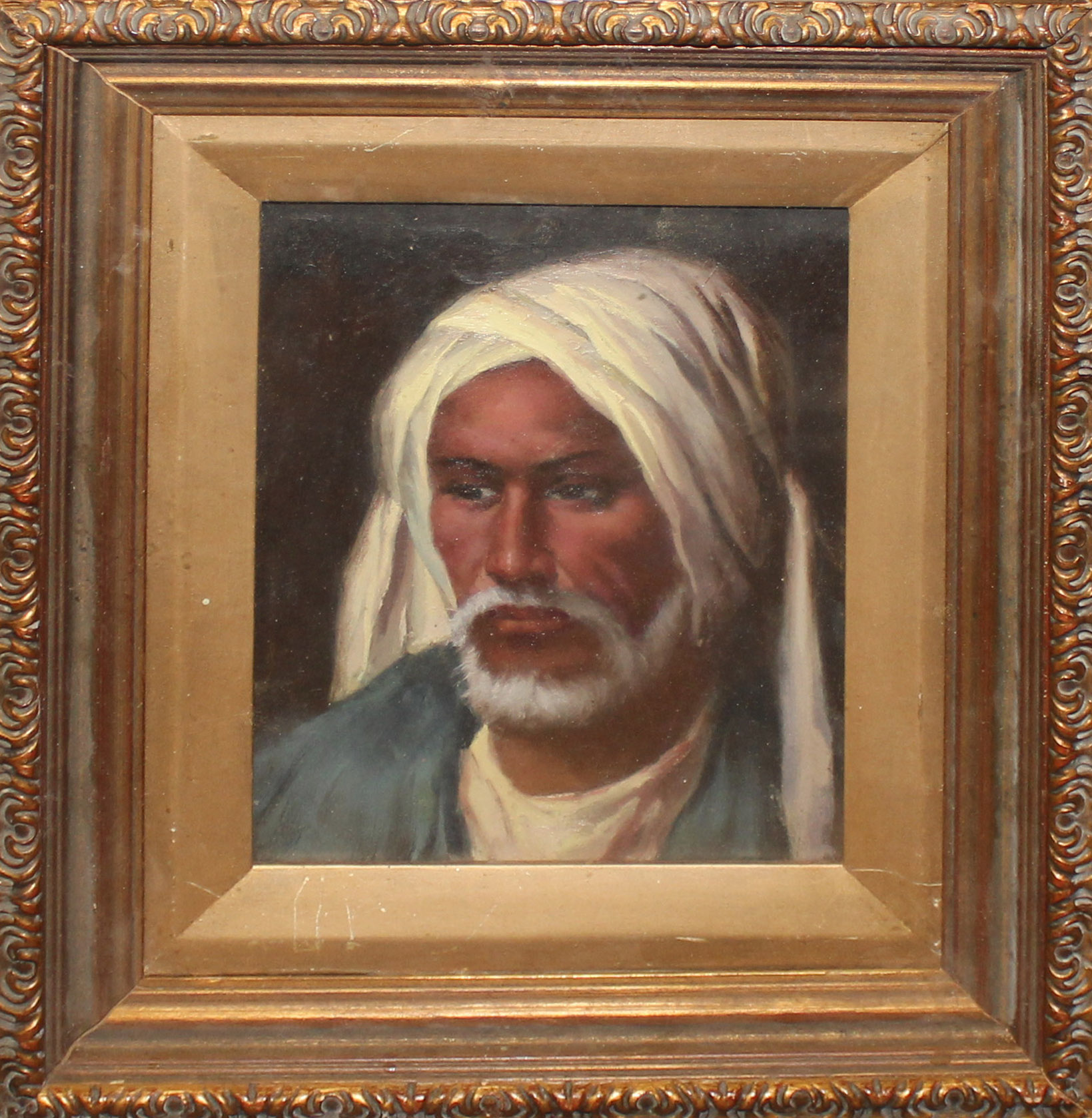 AN OIL OF A NORTH AFRICAN BEARDED MAN Wearing a traditional headscarf and robe, framed and