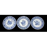 AFTER MARIA SYBILL MERIAN, YONGZHENG PERIOD 1723 - 1735, A SET OF THREE BLUE AND WHITE PLATES