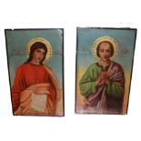A PAIR OF 19TH CENTURY GREEK ICONS OIL ON PANEL. (32cm x 51cm)