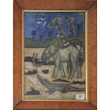 NATURAL HISTORY INTEREST, A 20TH CENTURY FABRIC PRINT OF AFRICAN WILDLIFE An elephant with two