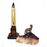 A VICTORIAN TUNBRIDGE WARE DESK THERMOMETER OBELISK The mercurial thermometer set on an ivory panel,