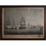 A PAIR OF EARLY 19TH CENTURY BLACK AND WHITE ENGRAVINGS Marine battle scenes of tall ships, 'To