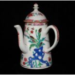 A YONGZHEN FAMILLE ROSE SIDE HANDLED CHOCOLATE POT AND COVER Brightly decorated on conical sides,