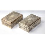 TWO RECTANGULAR CHINESE SILVER CIGARETTE BOXES AND COVERS, CIRCA 1920 To include one decorated
