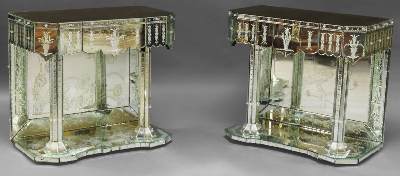 A PAIR OF 20TH CENTURY VENETIAN ENGRAVED MIRROR GLASS CONSOLE TABLES The sectional wavy frieze