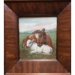 A PAIR OF 19TH CENTURY OILS ON BOARD Cow with calf, donkey and foal, in deep cushion mahogany