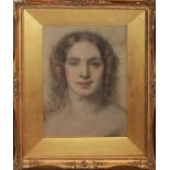 A PASTEL OF A GEORGIAN STYLE LADY Head and shoulders portrait, with long brown hair and blue eyes,
