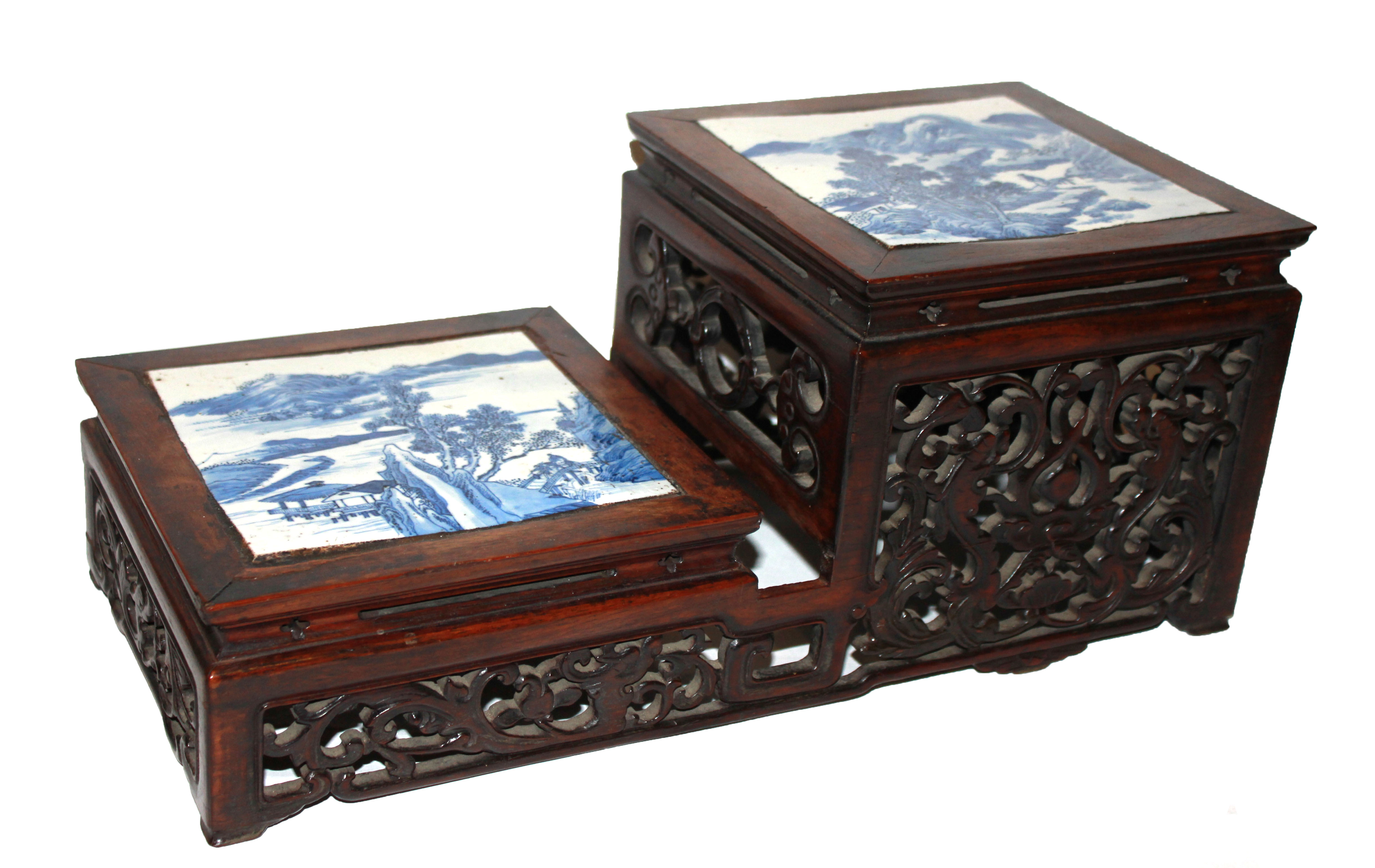 A 19TH CENTURY TWO TIER WOODEN STAND Inset with two blue and white panels of landscapes, the pierced - Image 2 of 2