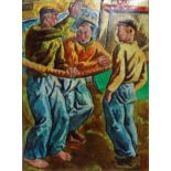 A MID 20TH CENTURY ENAMELLED PLAQUE Men at work, framed. (35cm x 42cm)